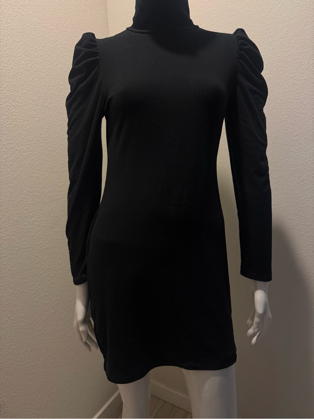 Black Puff-Sleeve Turtleneck Mini Dress